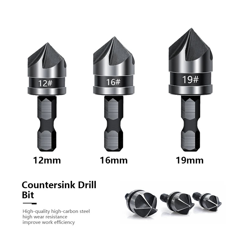 82 Degrees Chamfer Drill Bit Set 12/16/19mm Countersink Drill Bit Set