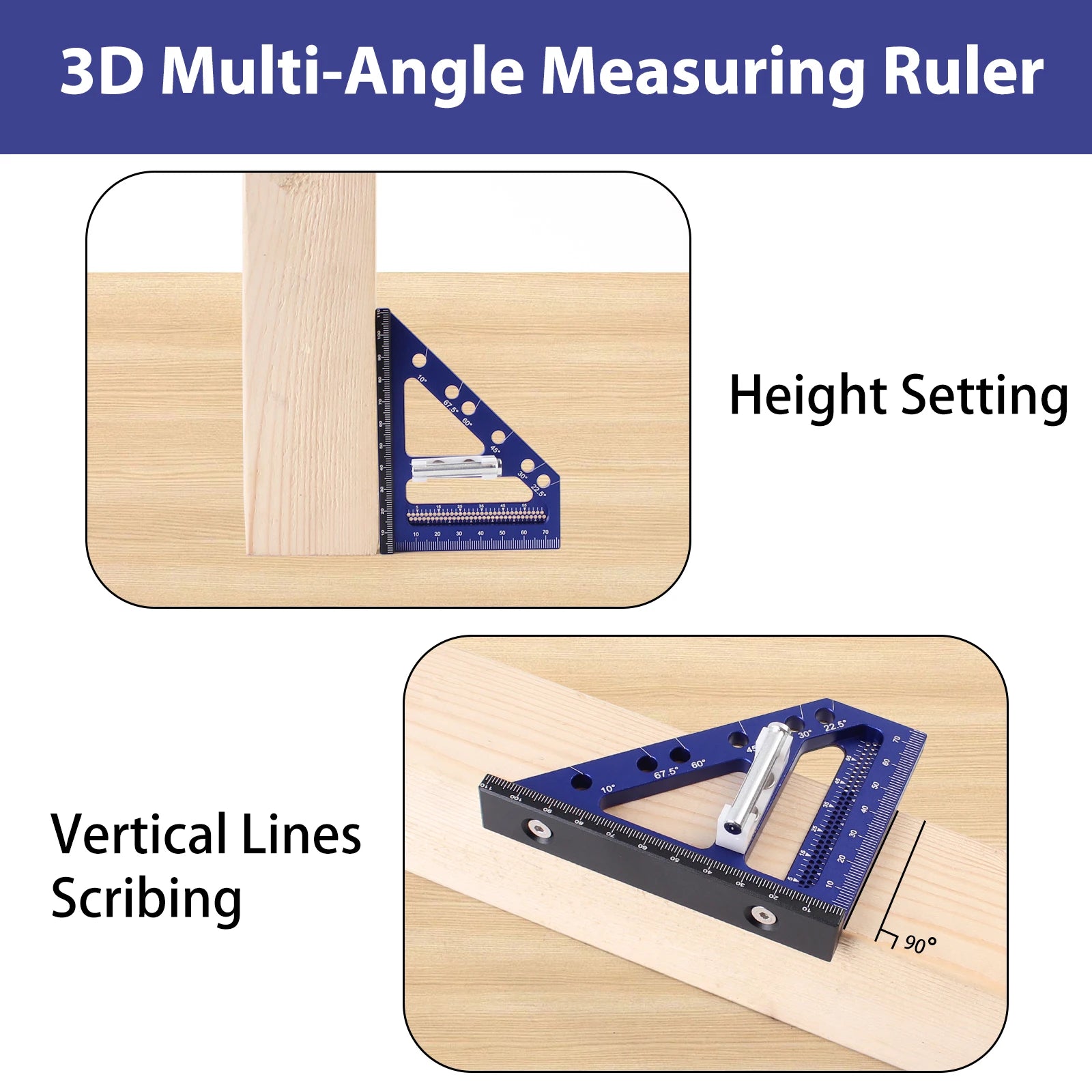 3D Multi Angle Measuring Ruler 22.5-90 Degree Aluminium Carpentry Square Protractor